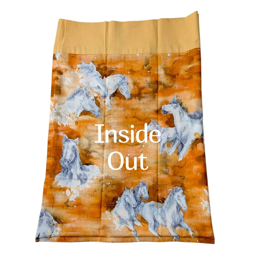Handmade Vintage Horse Pillowcase Watercolor Print Standard Size Orange Blue